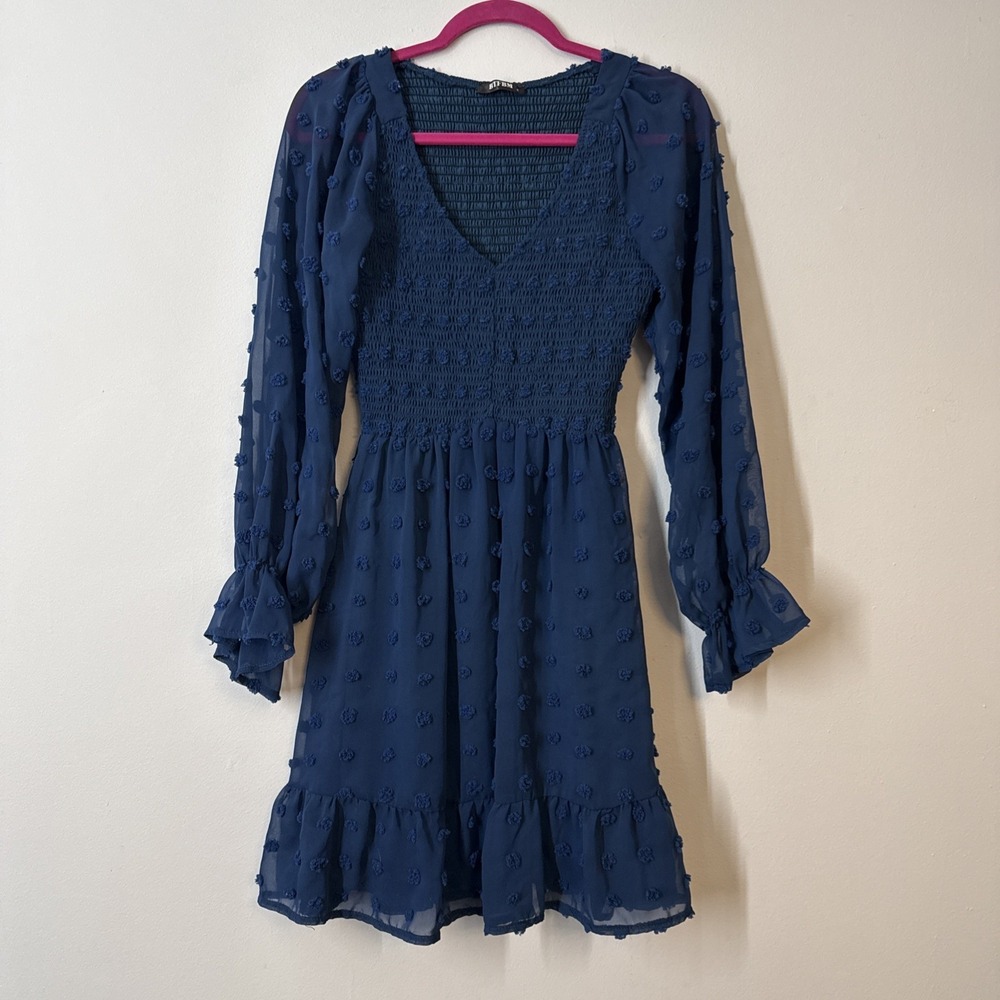 Navy Swiss Dot Chiffon Babydoll Mini Dress Smocked V‎ Neck Small Cottagecore